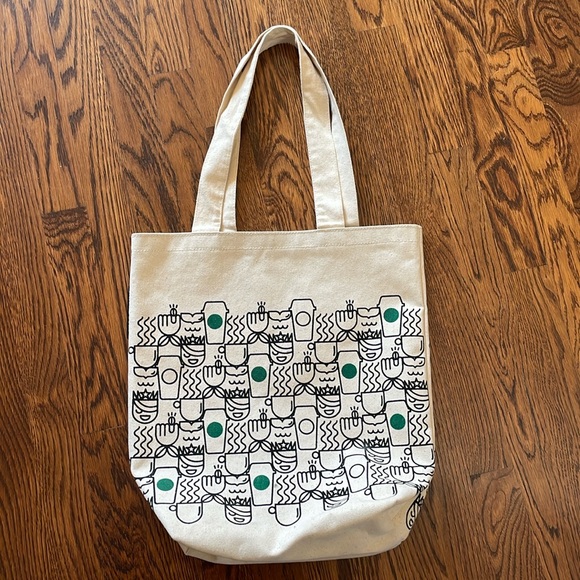 Starbucks tote bag, canvas type material with coffee cups and logo pattern - Picture 1 of 11